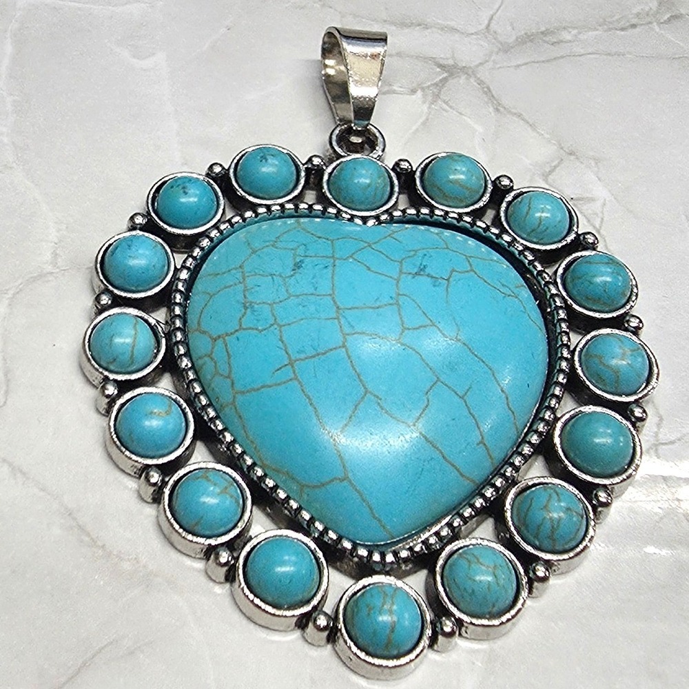 New Large Heart Pendant Blue Faux Turquoise Beaded Silver Tone Western Boho 2+"